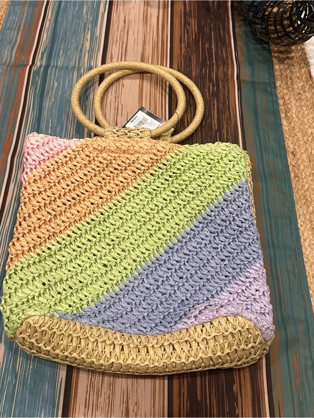 Art Class Pastel Striped straw Woven Tote Hand Bag in Pink, Tan, Green, Blue,